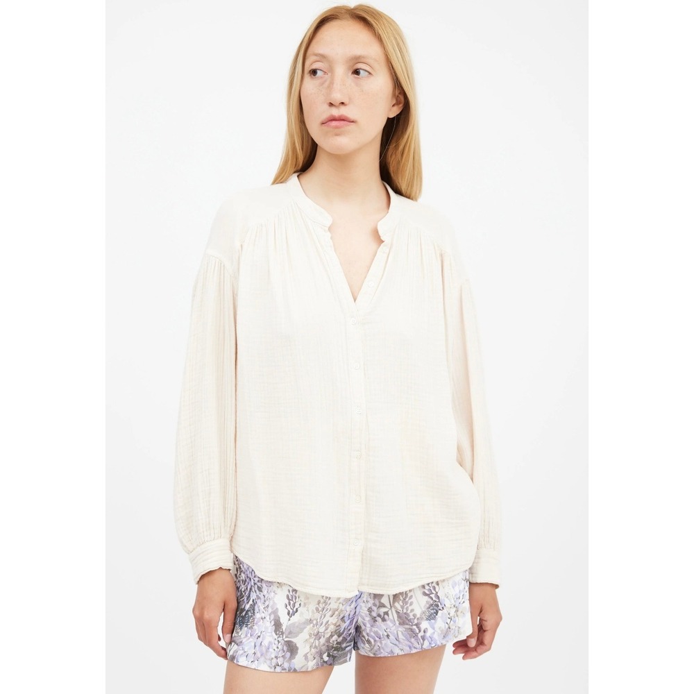 Xirena White Cotton Gauze Button Down Placket Shirt‎ Band Collar Size Medium